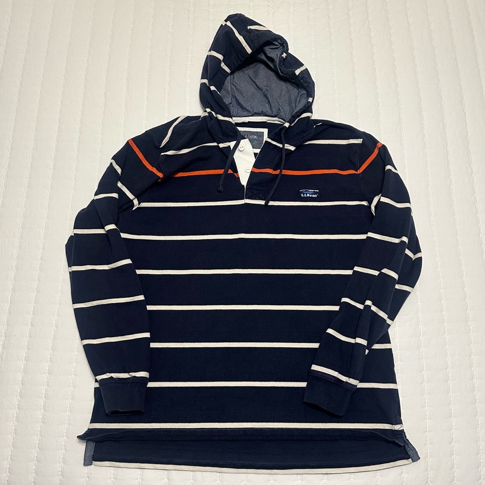 LL Bean Hoodie Mens Size L Navy White Stripes Lake Washed Rugby 100% Cotton